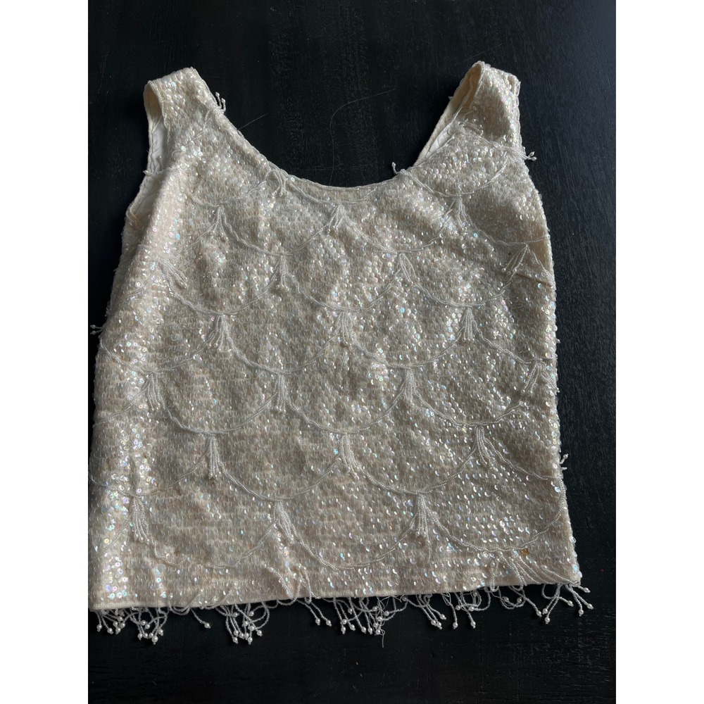 Vintage Wool Sequin Beaded Fringe Shell Top Cream Iridescent Small Flapper - Picture 2 of 14